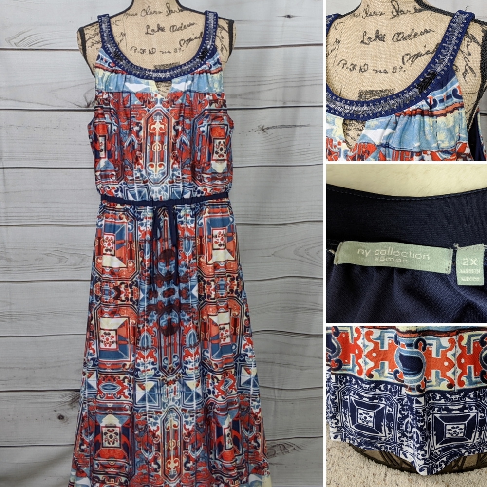 NY COLLECTION Red/Blue Long Dress Sz 2X